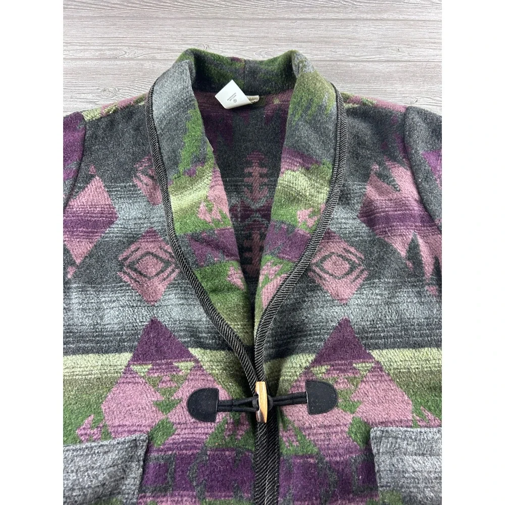 Coldwater Creek Southwestern Wool Blend Toggle Jacket Purple Green Geometric L